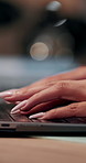 Typing, laptop and hands of business woman in office for email marketing, lead generation or client information. Night, keyboard and customer feedback with closeup of person in agency for deadline