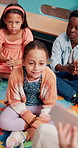 Hands, teacher and flash cards with kids in classroom for creative development, quiz feedback and memory recall. Education, learning and children clapping for answer in lesson for animal alphabet