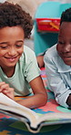 Happy kids, friends or boys reading book in school for help, development or learning growth in library. Language, smile or African children with story for literature lesson, fairy tale or fantasy
