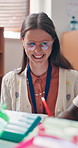 Smile, teaching and woman in classroom, education and conversation with advice, development and kids. Creativity, educator or employee in school, discussion and learning with academic growth or laugh