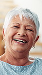 Face, funny and senior woman with smile, happiness and retirement with grey hair. Portrait, person and pensioner with humor, joke and joy to enjoy golden years, aesthetic and cheerful with break