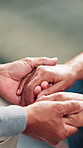 Holding hands, old couple and support with love, comfort and compassion with relationship. Closeup, people and man with woman, home and kindness with empathy, retirement and marriage with care