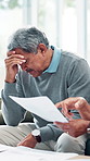 Elderly couple, documents and stress in home with taxes, income and pension funding for retirement. Senior man, woman and frustrated with paperwork, review and financial compliance in living room