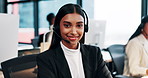 Woman, call center and face with smile, headset and legal advisory at help desk, confidence and career. Person, portrait and consultant with voip, arms crossed or contact us for support at law firm