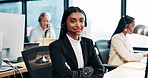 Woman, call center and face with arms crossed, headset and legal advisory at help desk, confidence and career. Person, portrait and consultant with voip, happy or contact us for support at law firm