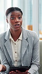 Therapist, woman and counseling with tablet in office for mental health support, progress assessment and advice. Therapy, meeting and employee with digital app for treatment planning and discussion