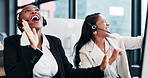 Women, call center and happy for dancing with headset in office for success, goals or target. Person, customer support and consultant team with celebration for lead generation with win at workplace