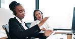 Women, call center and team for dancing with headset in office for success, goal or target. Person, customer support and consultant with celebration, happy and lead generation with bonus at workplace