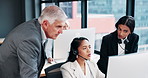 Call center manager, advice and teamwork with computer for problem solving, website glitch and CRM systems error. Telemarketing, woman and mentor with assistance for sales mistake or customer enquiry