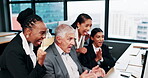 Business, computer and team with celebration applause for IPO launch, trading success and financial profit. Stock market, employees and excited people with fist bump, investment growth and good news