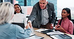 Handshake, applause and business people in office with congratulations, deal or negotiation. Cheering, success and finance manager shaking hands with client for partnership, collaboration or welcome.