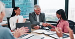 Shaking hands, applause and business people in office with congratulations, deal or negotiation. Cheering, success and finance manager with client for partnership, collaboration or welcome handshake.