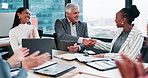 Handshake, cheering and business people in office with congratulations, deal or negotiation. Applause, success and finance manager shaking hands with client for partnership, collaboration or welcome.
