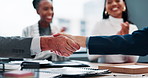 Handshake, celebration and business people in office with congratulations, deal or negotiation. Pride, applause and finance manager shaking hands with client for partnership, collaboration or welcome