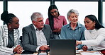 Business, people and meeting with laptop in office for discussion, planning and financial report. Staff, talking and online with finance team, company performance and feedback for investment proposal