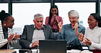 Business, celebration and team with applause by laptop for financial bonus, investment opportunity and good news. Stock market, group and excited people with fist bump for trading success and support