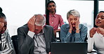 Laptop, mistake and business people with bad news in office with stock market crash for investment loss. Computer, upset and financial managers with finance error, crisis or feedback on profit.