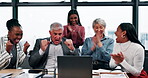 Business, celebration and team with clapping by laptop for financial bonus, investment opportunity or good news. Stock market, traders or excited people with high five for trading success or cheering