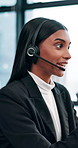 Business, call center and woman in office, talking and telemarketing with mic, help desk and talking. Person, employee or agent in workplace, headset or questions with advice with customer support