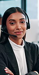 Business, call center and woman with arms crossed, face and telemarketing with mic, help desk and pride. Person, employee or agent in workplace, headset or confidence with customer support and crm