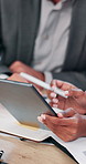 Business people, hands and discussion with tablet at office for digital strategy, collaboration or project. Closeup, employees or analysts with technology for planning, app or research at workplace