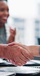 Handshake, collaboration and business people in office with contract, negotiation or deal for investment. Applause, meeting and investor shaking hands with client for finance partnership in workplace