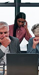 Stress, laptop and business people in office with bad news for negative finance report feedback. Mistake, error and investor with financial advisor for stock market crash with investment fail.
