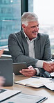 Handshake, tablet and business people in office with contract, negotiation or deal for investment. Applause, digital technology and mature investor shaking hands with client for finance partnership.