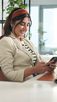 Office, businesswoman and typing with smartphone for chat, online conversation and smile for comment. Break, female person and worker with mobile for application, message and text on social media