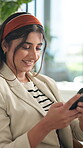Office, businesswoman and scroll with smartphone for chat, online conversation and smile for comment. Break, female person and worker with mobile for application, message and reading on social media