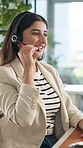 Call centre, telemarketing and woman with headset, assistance and talking to contact, smile and sales. Happy, agent and person with tech for communication, customer care and consultation in business