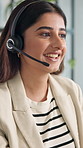 Call centre, telemarketing and woman with headset, communication and talking to contact for service. Online, representative and person with tech for sales, customer care and consultation in business