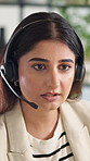 Call centre, telemarketing and woman with headset, online and talking to contact for service in business. Communication, representative and person with tech for sales, customer care and consultation