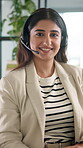 Woman, face and headset for consulting in call center with inbound query, customer service and online advice. Friendly consultant, employee and microphone for account management and order processing