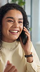 Phone call, happy and businesswoman in office for contact, negotiation or deal for client. Commmunication, cellphone and financial manager on mobile discussion for investment plan in workplace.