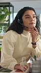 Call centre, thinking and woman with headset, online and ideas for telemarketing in business and service. Contemplating, representative and person with tech for sales, customer care and typing