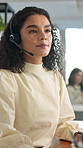 Call centre, customer service and woman with headset, research or browsing of info for telemarketing. Business, representative and person with tech for consultation, website and online for assistance
