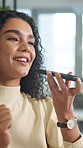Business, loudspeaker and woman in office, phone call and recording for news report. Person, employee and journalist in workplace, smartphone and communication with online interview and digital app