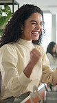 Fist pump, happy and woman in office with good news, job promotion and achievement for project. Excited, cheering and female magazine editor with success, target or prize in workplace with goal.