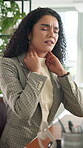 Business, woman and massage with neck pain in office for burnout, overworked and spine injury. Female person, discomfort and pressure for muscle tension, bad posture and arthritis crisis at workplace