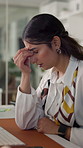 Business woman, headache and stress in office with burnout, audit migraine or fatigue. Accountant, employee overwhelmed and brain fog at desk with exhaustion, deadline pressure and eye strain