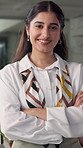 Face, arms crossed and happy business woman in office, event planner or creative worker with pride. Portrait, smile and professional employee with confidence, ambition or party coordinator at startup