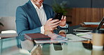 Office, hands and businessman with mobile for chat, accountant and email for audit report. Career, male person and auditor with smartphone for communication, financial research and investment app