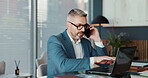 Office, mature businessman and phone call with laptop for accountant, communication and audit report. Career, male person and auditor with mobile for talking, financial research and investment review