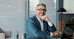 Happy, corporate and face of businessman in office with laptop for research, finance proposal and website. Professional, financial consultant and portrait of person on computer for investment advice