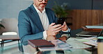 Office, hands and businessman with smartphone for chat, accountant and email for audit report. Career, mature person and auditor with mobile for communication, financial research and investment app