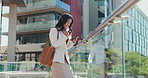 Professional, woman and celebration with phone in city for good news, promotion email and corporate milestone. Business, employee and victory fist with dance for job opportunity, excited and success
