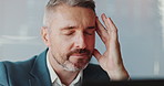 Stress, headache and business man in office with tension for problem, financial crisis and debt review. Professional, corporate and person with migraine, frustrated and worry for mistake or deadline