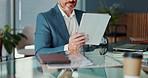 Hands, business and man in office, tablet and financial advisor with connection. Mature person, employee and investor in workplace, technology and digital app for trading, stock market and email