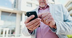 Business, hands and man in city, smartphone and scroll for text message, social media and connection. Mature person, employee or consultant with cellphone, outdoor and communication with email or app